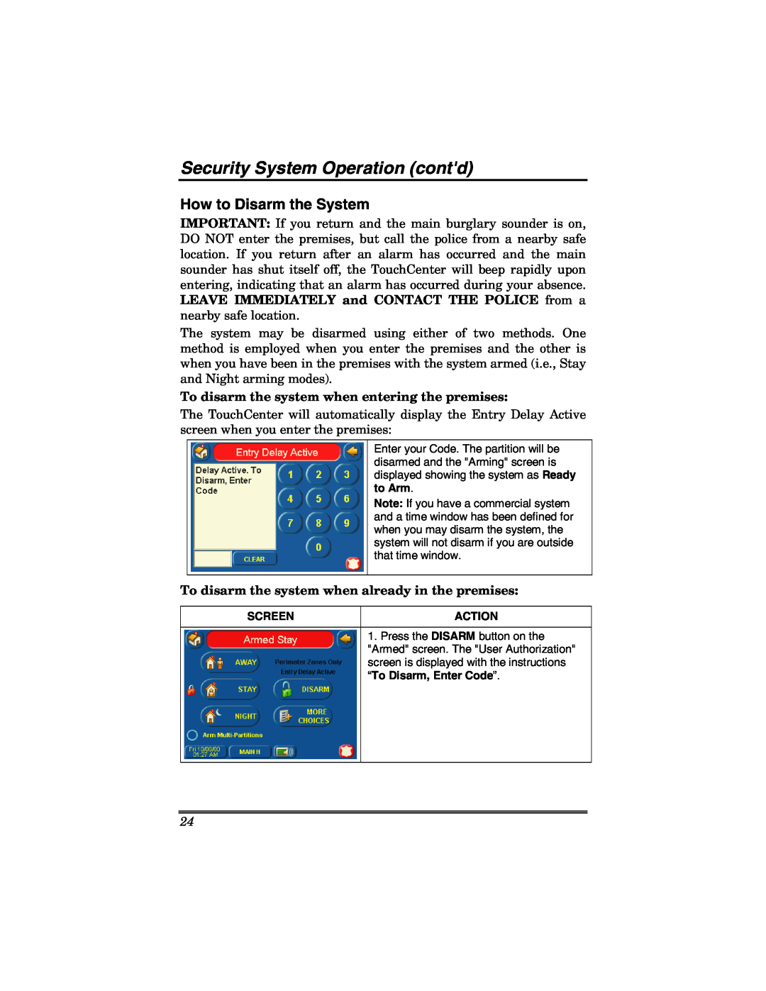Honeywell 6271 How to Disarm the System, To disarm the system when entering the premises, Security System Operation contd 