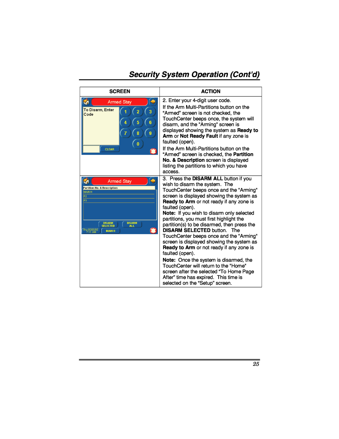 Honeywell 6271 manual Security System Operation Contd, Screen, Action, Arm or Not Ready Fault if any zone is 