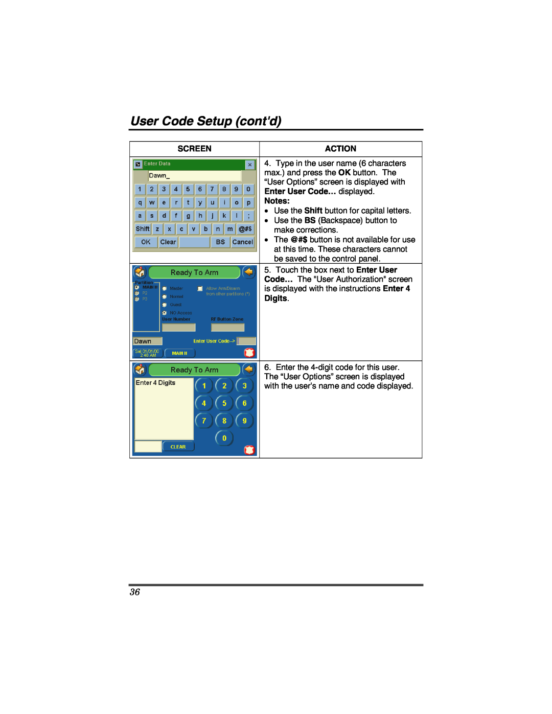 Honeywell 6271 manual User Code Setup contd, Screen, Action, Enter User Code… displayed, Digits 