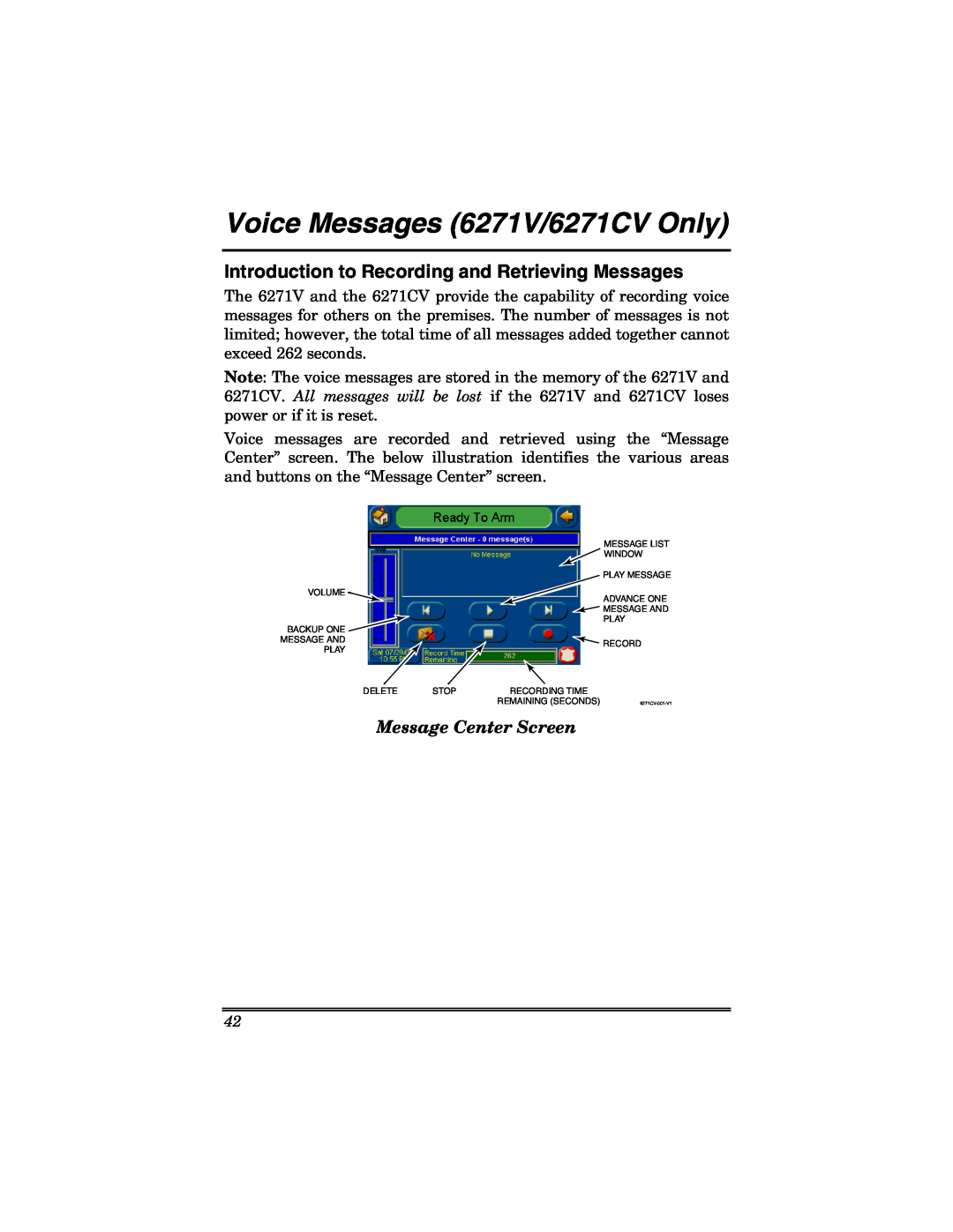 Honeywell Voice Messages 6271V/6271CV Only, Introduction to Recording and Retrieving Messages, Message Center Screen 