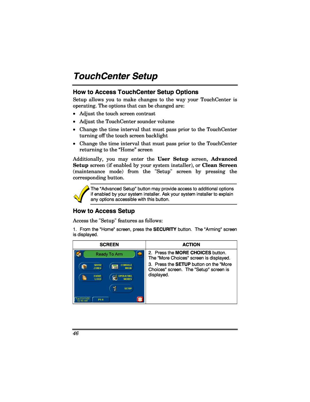 Honeywell 6271 manual How to Access TouchCenter Setup Options, How to Access Setup 