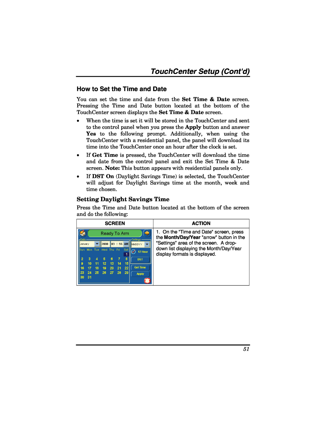 Honeywell 6271 manual How to Set the Time and Date, Setting Daylight Savings Time, TouchCenter Setup Contd 