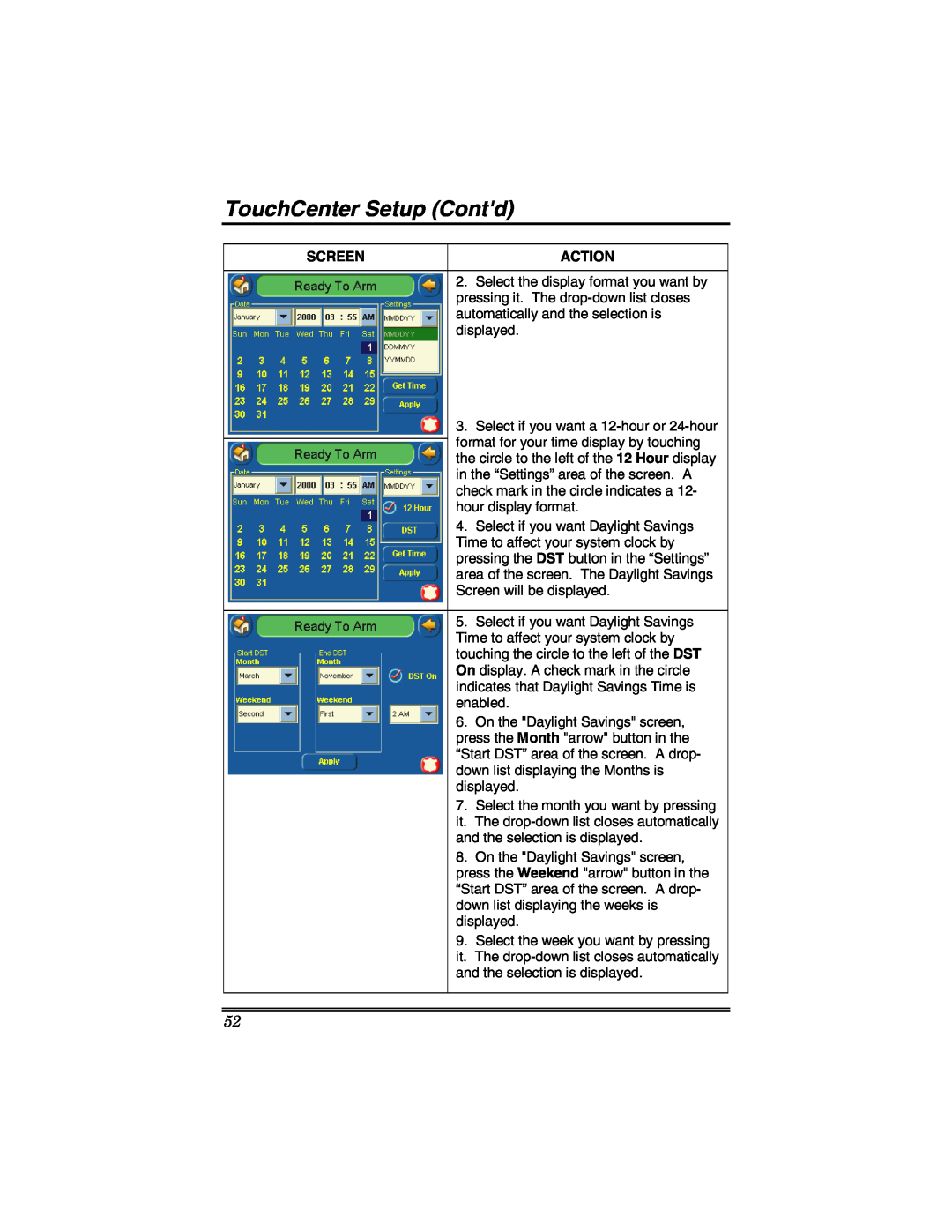 Honeywell 6271 manual TouchCenter Setup Contd, Screen, Action 