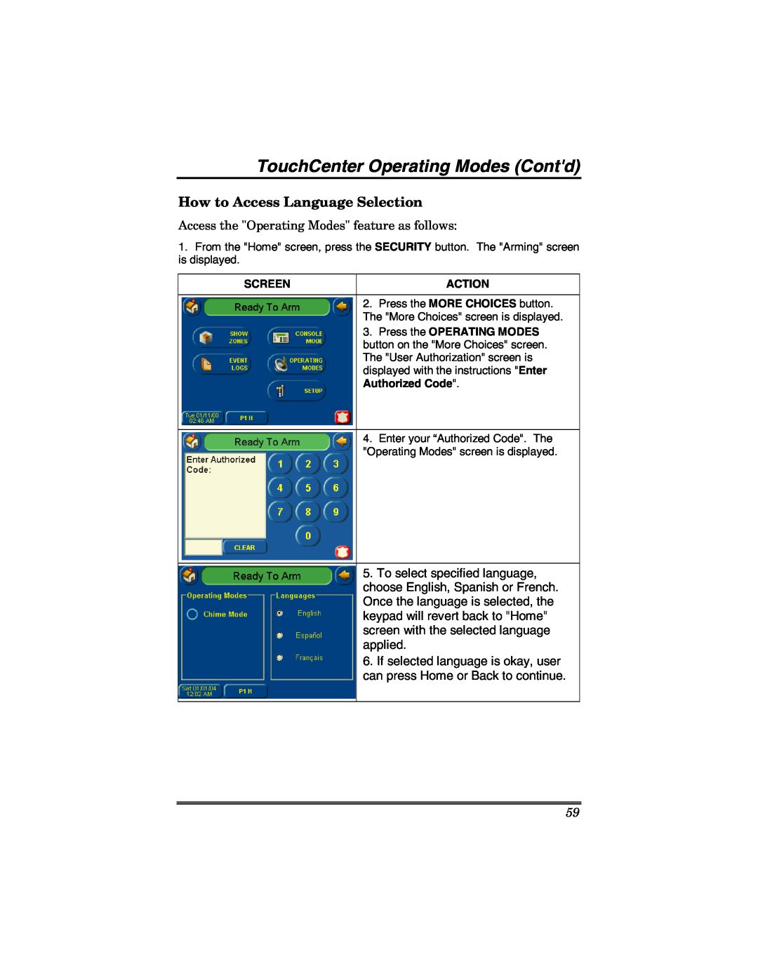 Honeywell 6271 manual TouchCenter Operating Modes Contd, How to Access Language Selection 