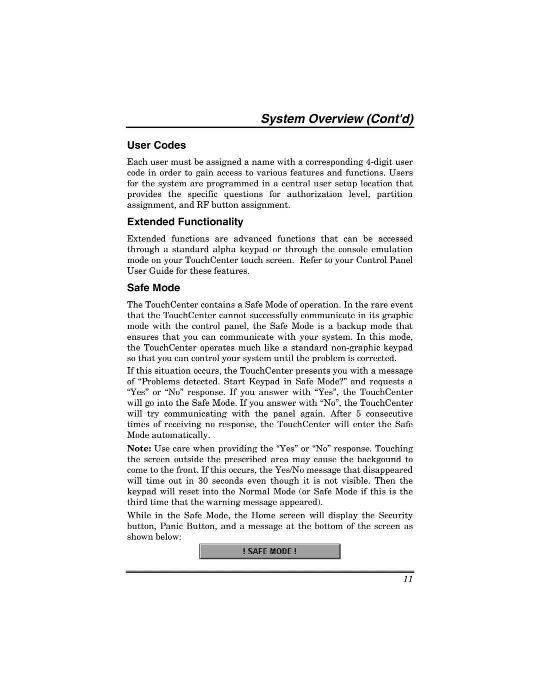 Honeywell 6271V manual User Codes, Extended Functionality, Safe Mode 