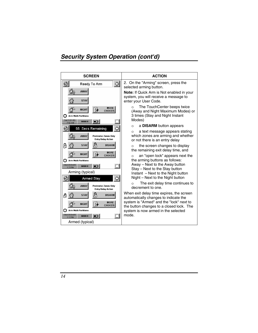 Honeywell 6271V manual Security System Operation contd, Screen Action 