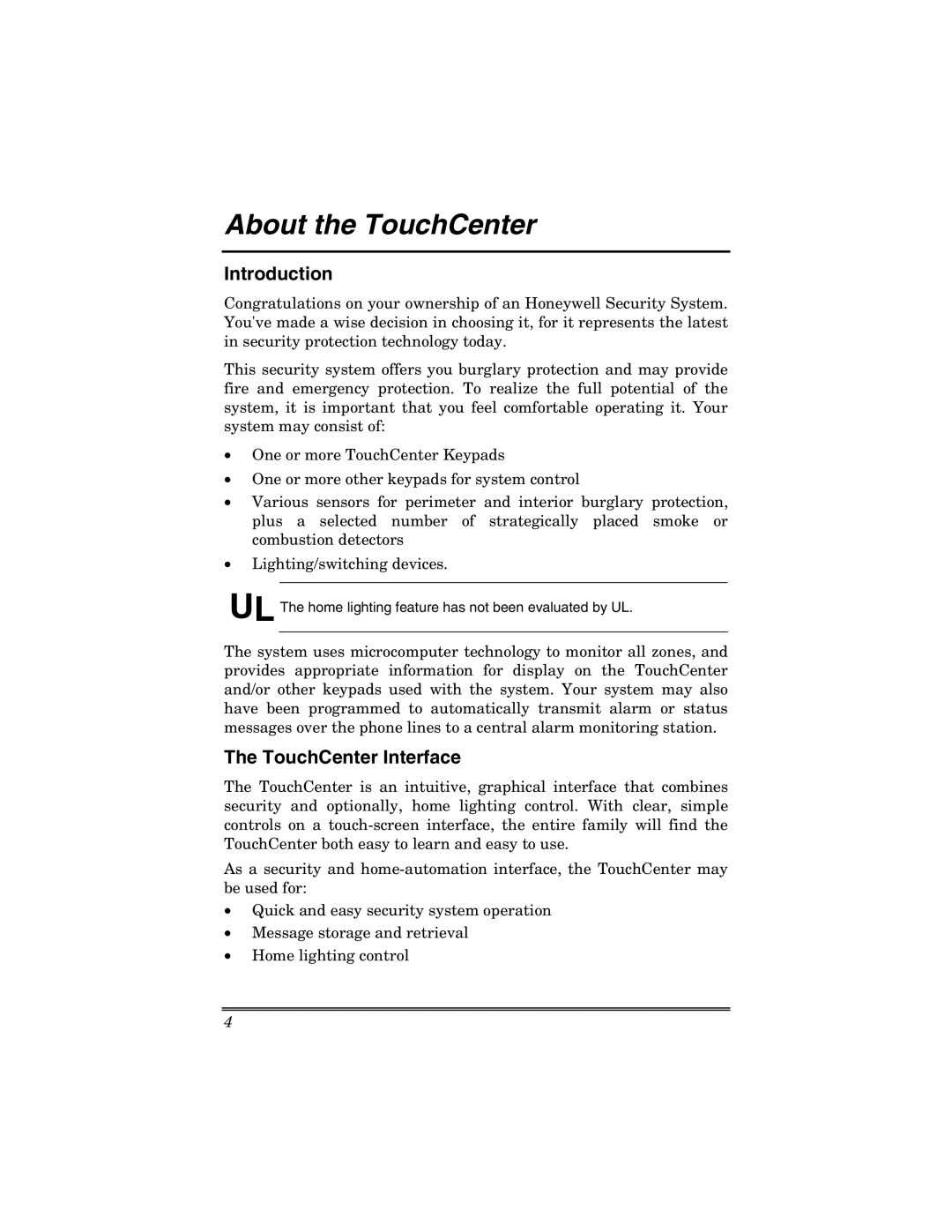 Honeywell 6271V manual About the TouchCenter, Introduction, TouchCenter Interface 