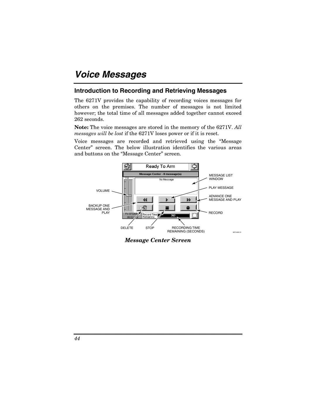 Honeywell 6271V manual Voice Messages, Introduction to Recording and Retrieving Messages 