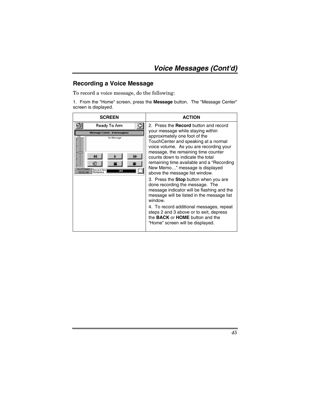 Honeywell 6271V manual Voice Messages Contd, Recording a Voice Message, To record a voice message, do the following 