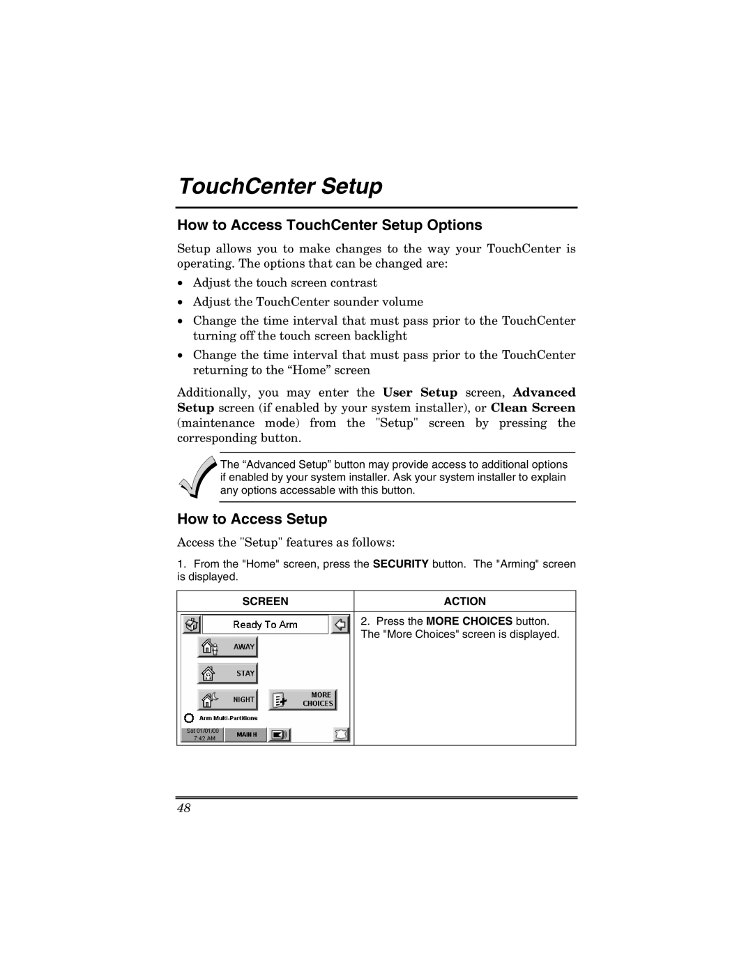 Honeywell 6271V How to Access TouchCenter Setup Options, How to Access Setup, Access the Setup features as follows 