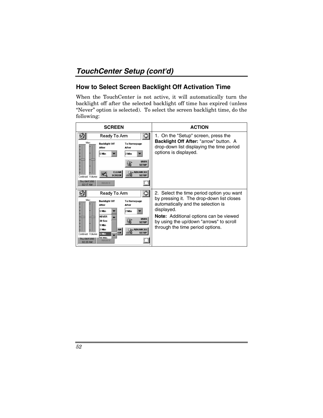 Honeywell 6271V manual How to Select Screen Backlight Off Activation Time, Backlight Off After arrow button. a 