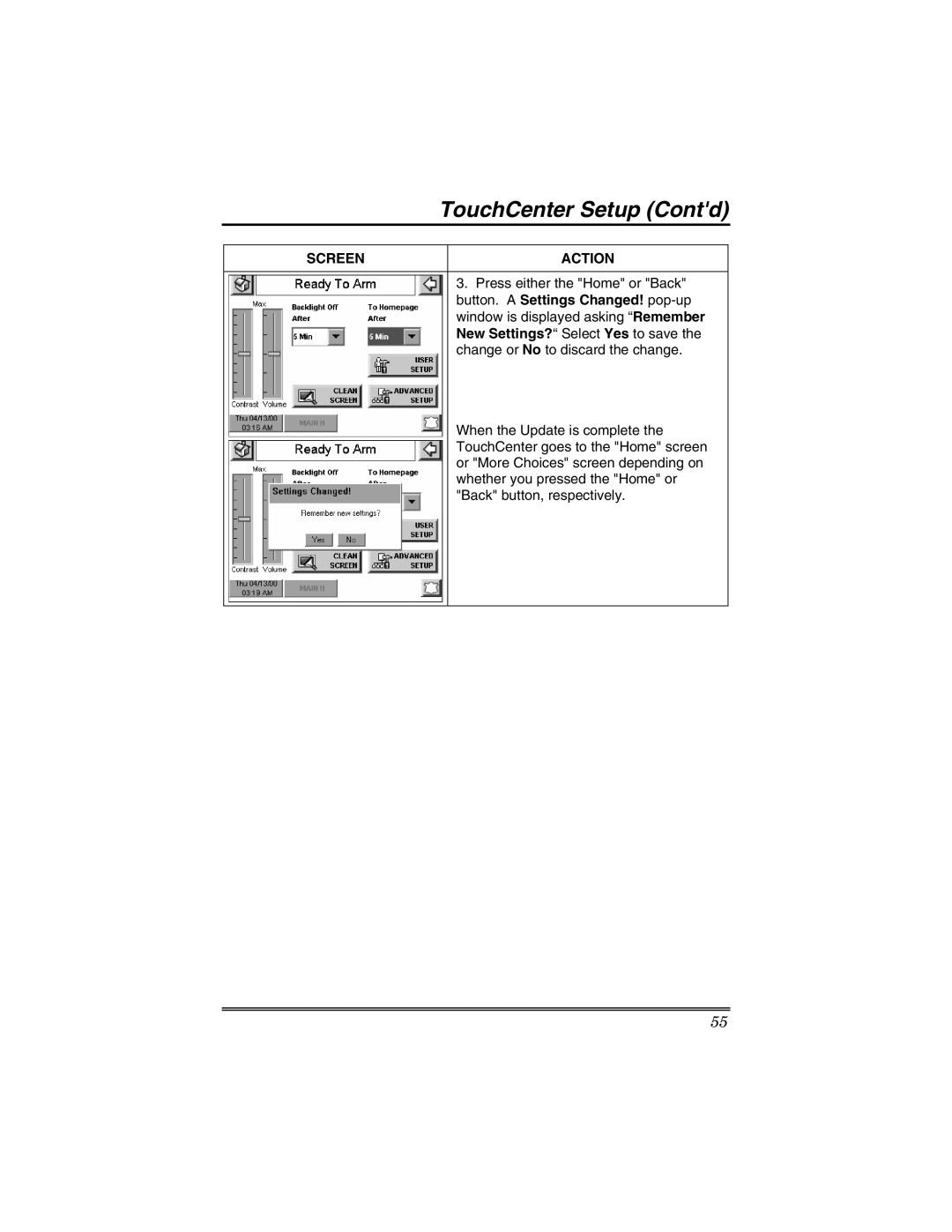 Honeywell 6271V manual TouchCenter Setup Contd 