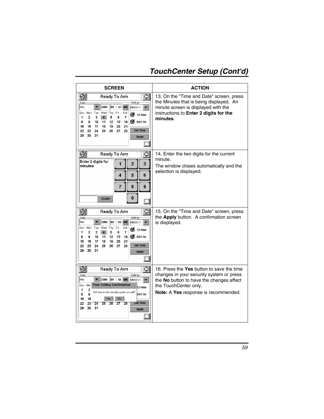 Honeywell 6271V manual TouchCenter Setup Contd 