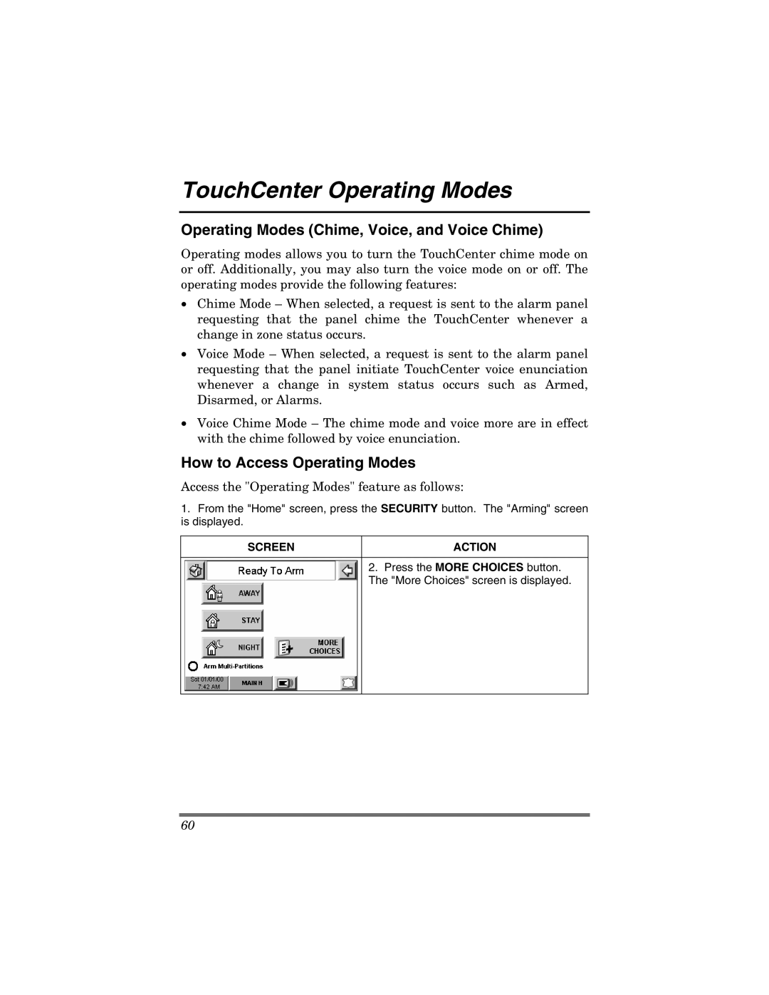 Honeywell 6271V TouchCenter Operating Modes, Operating Modes Chime, Voice, and Voice Chime, How to Access Operating Modes 