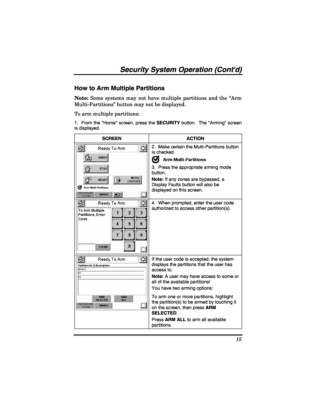 Honeywell 6271V manual Security System Operation Contd, How to Arm Multiple Partitions, Screen, Action, Selected 