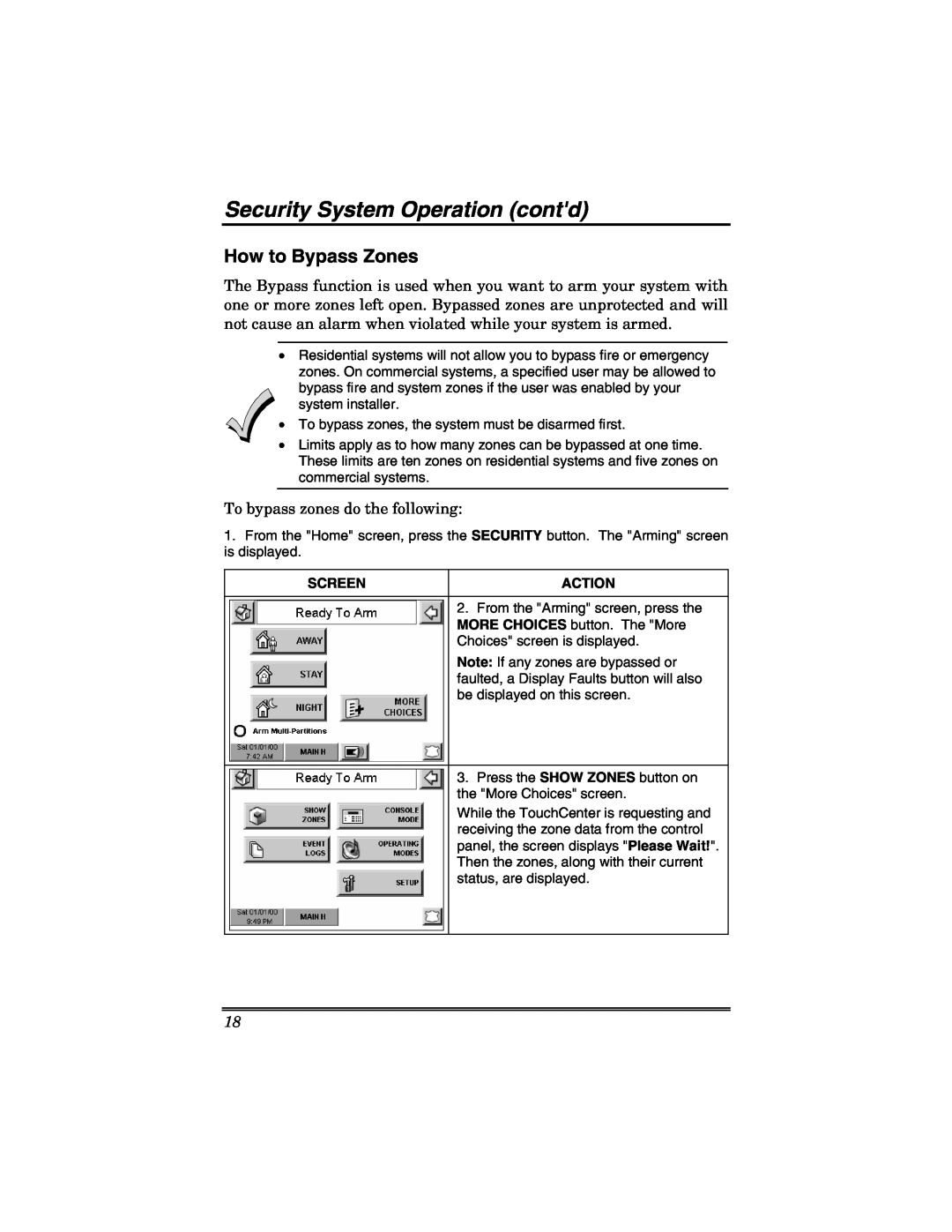 Honeywell 6271V How to Bypass Zones, Security System Operation contd, To bypass zones do the following, Screen, Action 