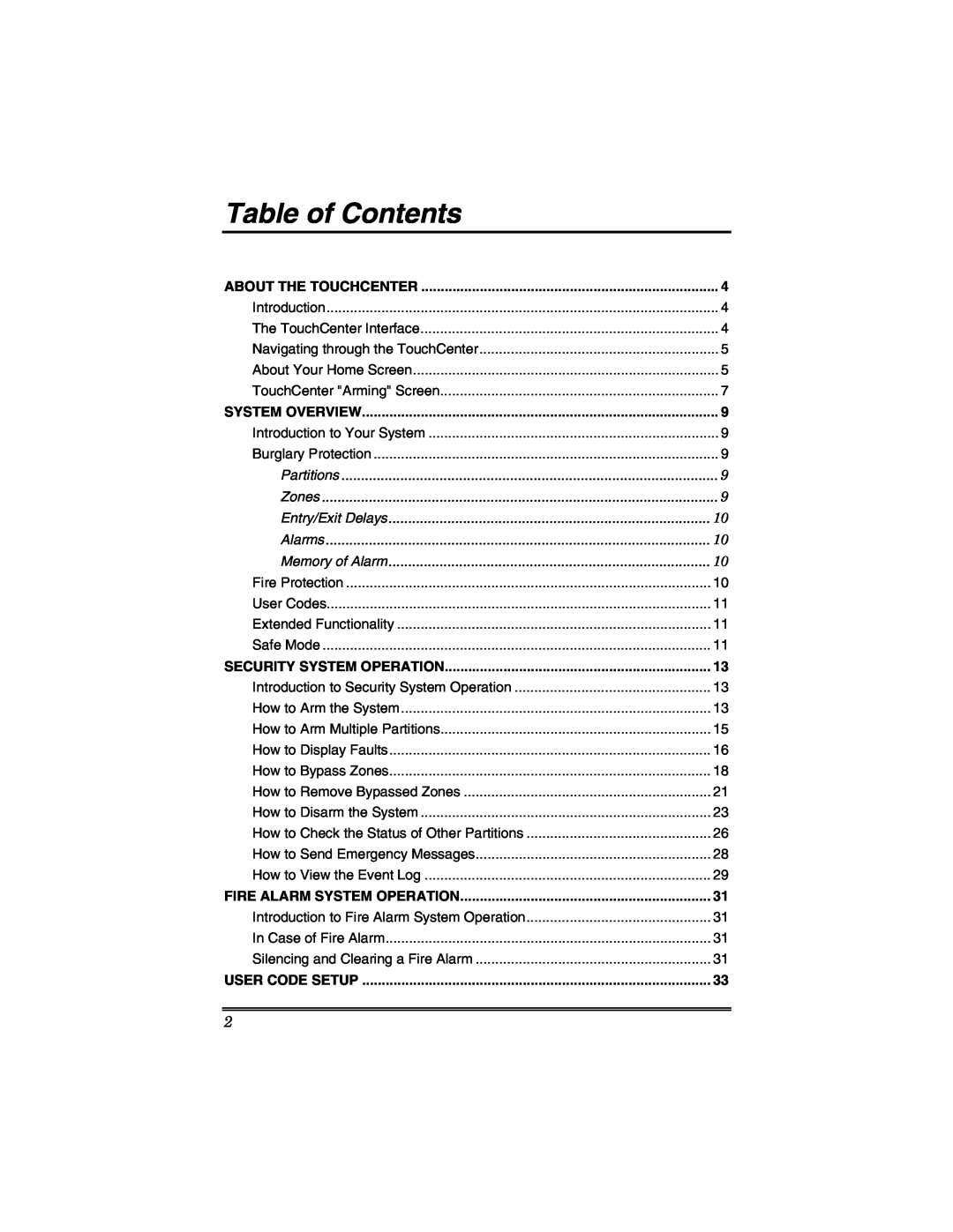 Honeywell 6271V Table of Contents, About The Touchcenter, System Overview, Partitions, Zones, Entry/Exit Delays, Alarms 