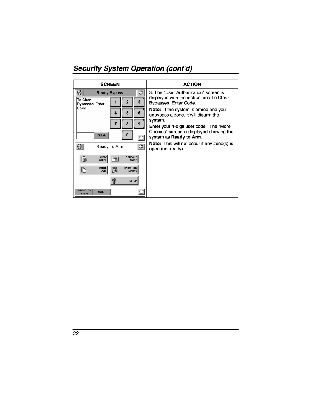 Honeywell 6271V manual Security System Operation contd, Screen, Action, The User Authorization screen is 