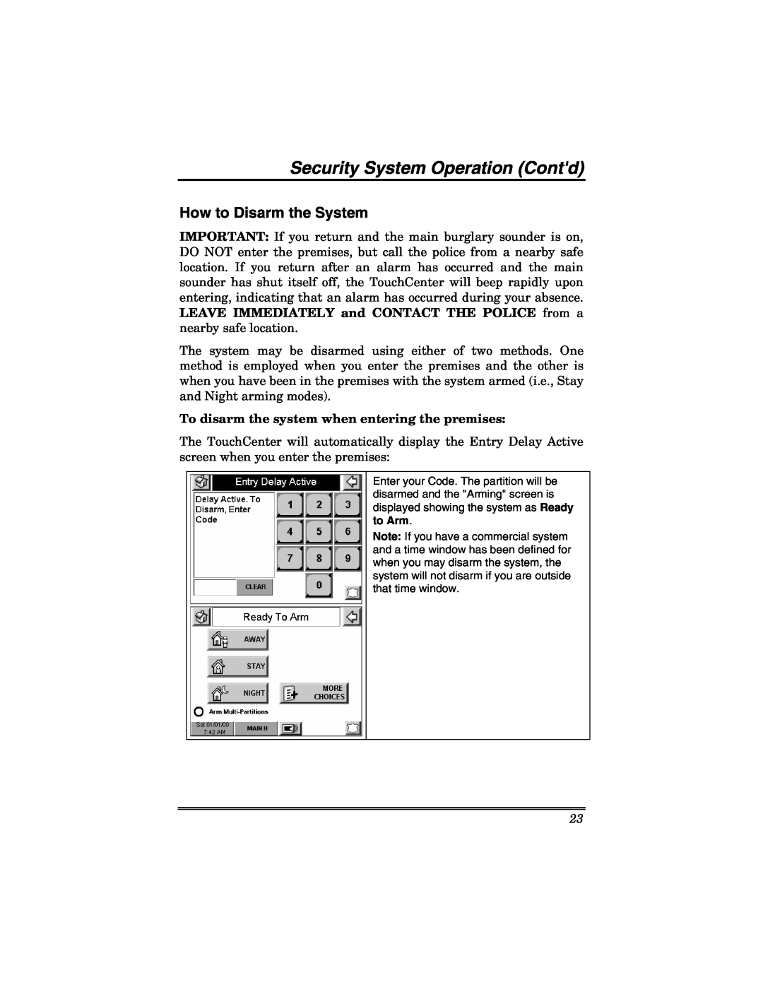 Honeywell 6271V How to Disarm the System, To disarm the system when entering the premises, Security System Operation Contd 