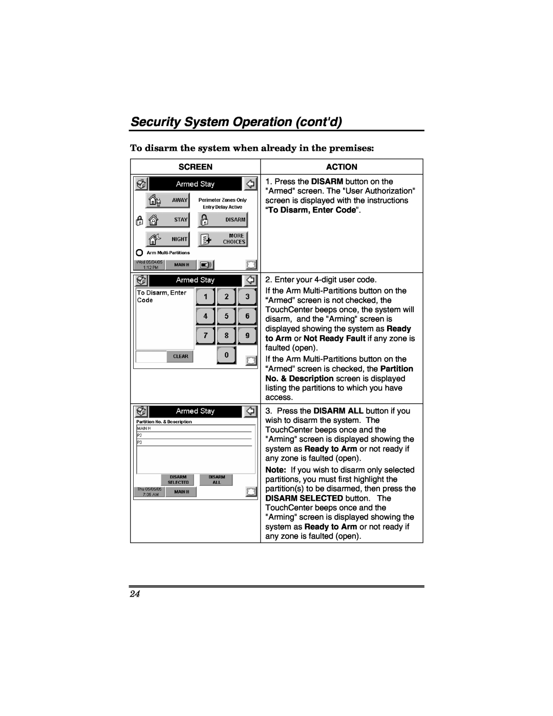 Honeywell 6271V manual To disarm the system when already in the premises, Security System Operation contd, Screen, Action 