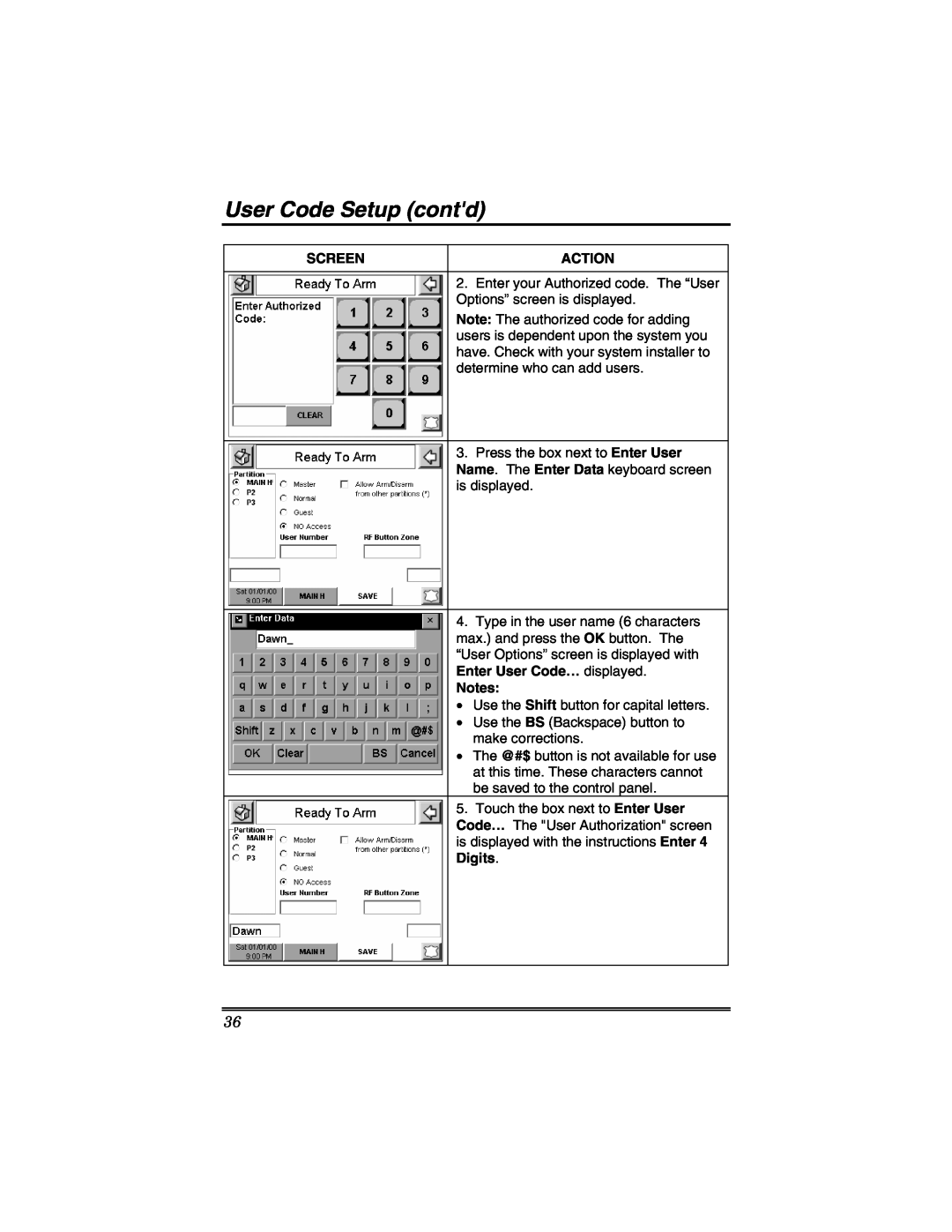 Honeywell 6271V manual User Code Setup contd, Screen, Action, Enter User Code… displayed, Digits 