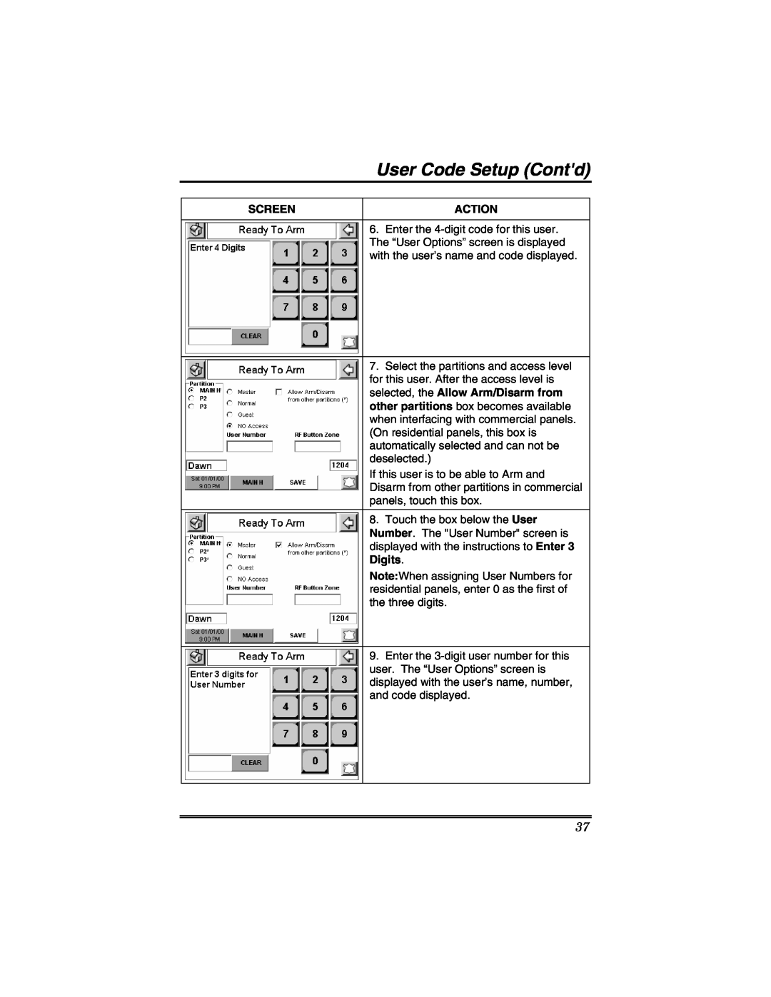 Honeywell 6271V manual User Code Setup Contd, Screen, Action, selected, the Allow Arm/Disarm from, Digits 