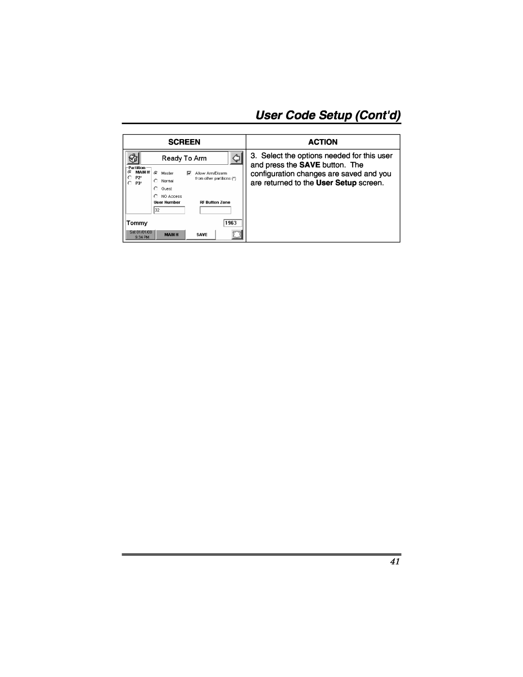 Honeywell 6271V manual User Code Setup Contd, Screen, Action 
