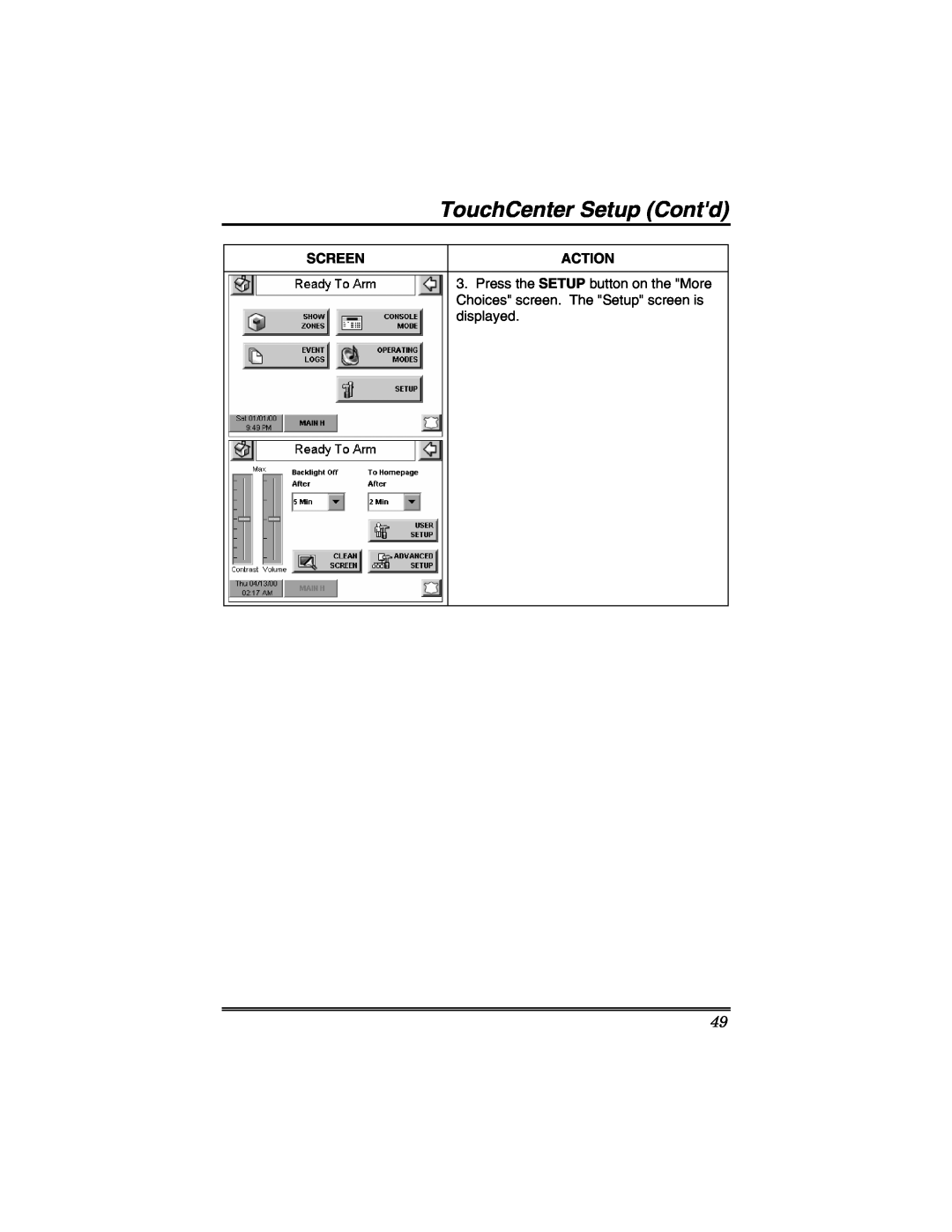 Honeywell 6271V manual TouchCenter Setup Contd, Screen, Action 