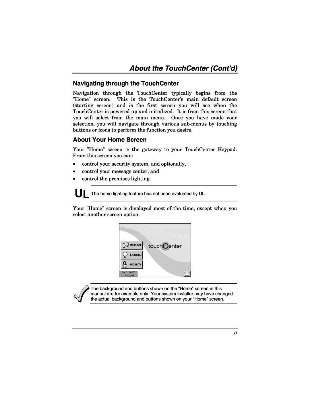 Honeywell 6271V manual About the TouchCenter Contd, Navigating through the TouchCenter, About Your Home Screen 