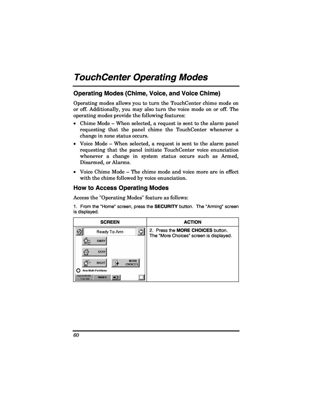 Honeywell 6271V TouchCenter Operating Modes, Operating Modes Chime, Voice, and Voice Chime, How to Access Operating Modes 