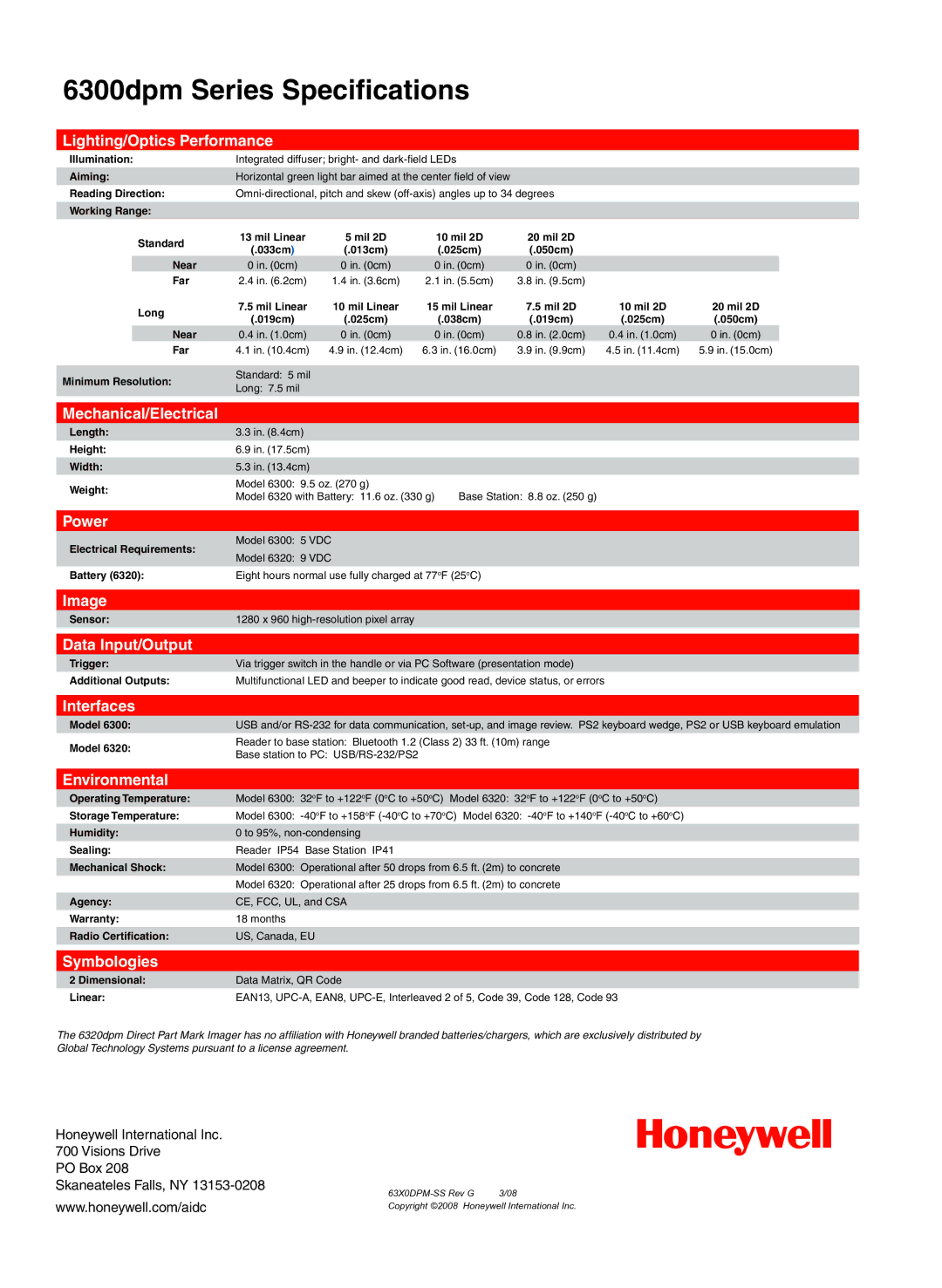 Honeywell 6320dpm, 6300dpm Lighting/Optics Performance, Mechanical/Electrical, Power, Image, Data Input/Output, Interfaces 