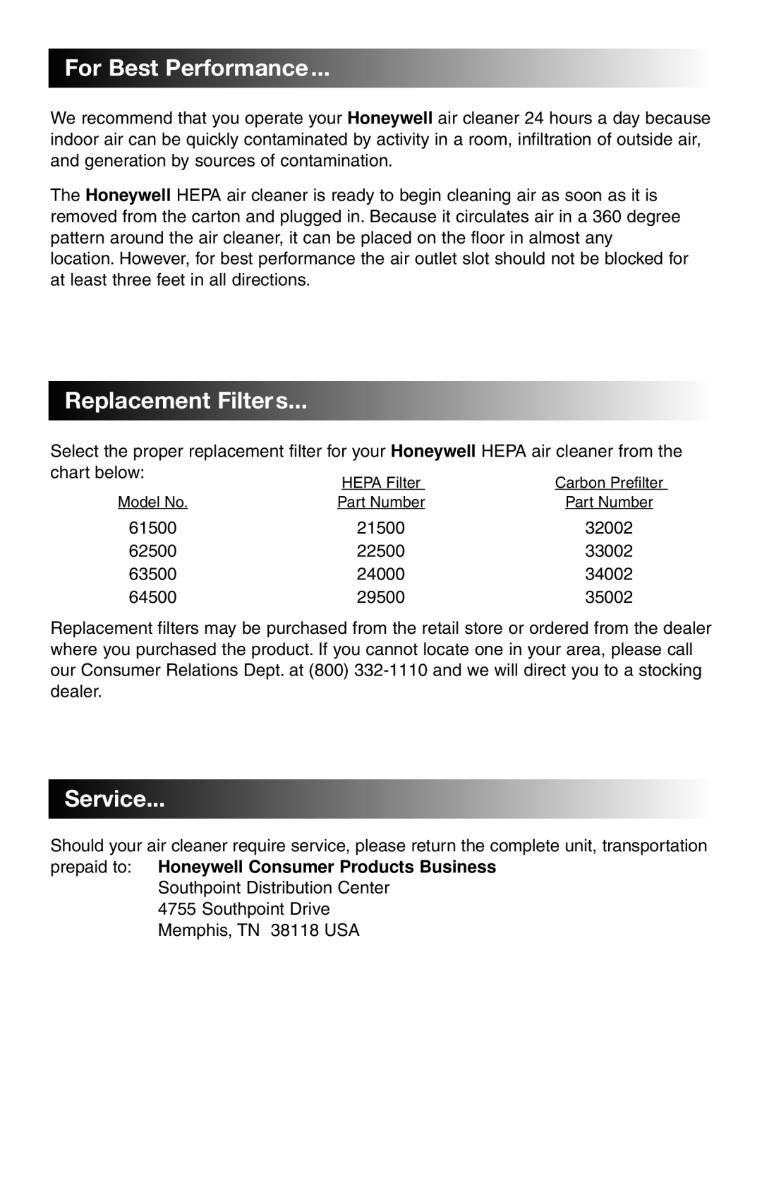 Honeywell 61500, 63500, 64500 manual For Best Performance, Replacement Filters, Service 