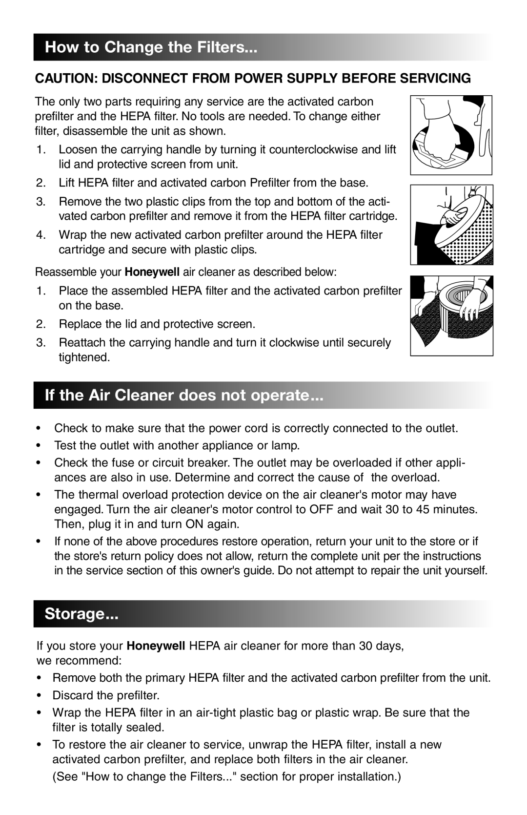 Honeywell 63500, 61500, 64500 manual How to Change the Filters, If the Air Cleaner does not operate, Storage 