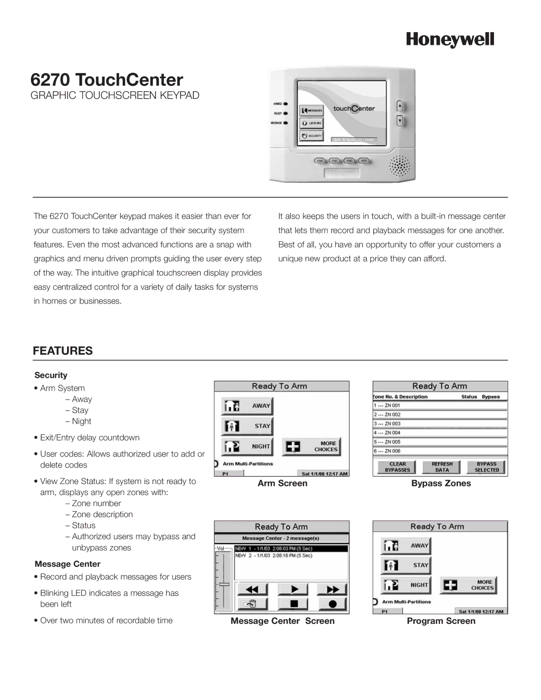 Honeywell 6270 TOUCHCENTER, 6720 manual Features, Security, Message Center 
