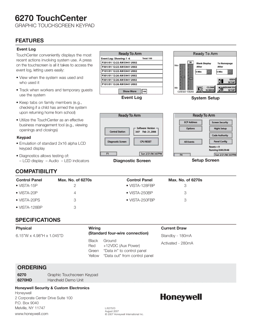 Honeywell 6720, 6270 TOUCHCENTER manual Compatibility, Specifications, Ordering 