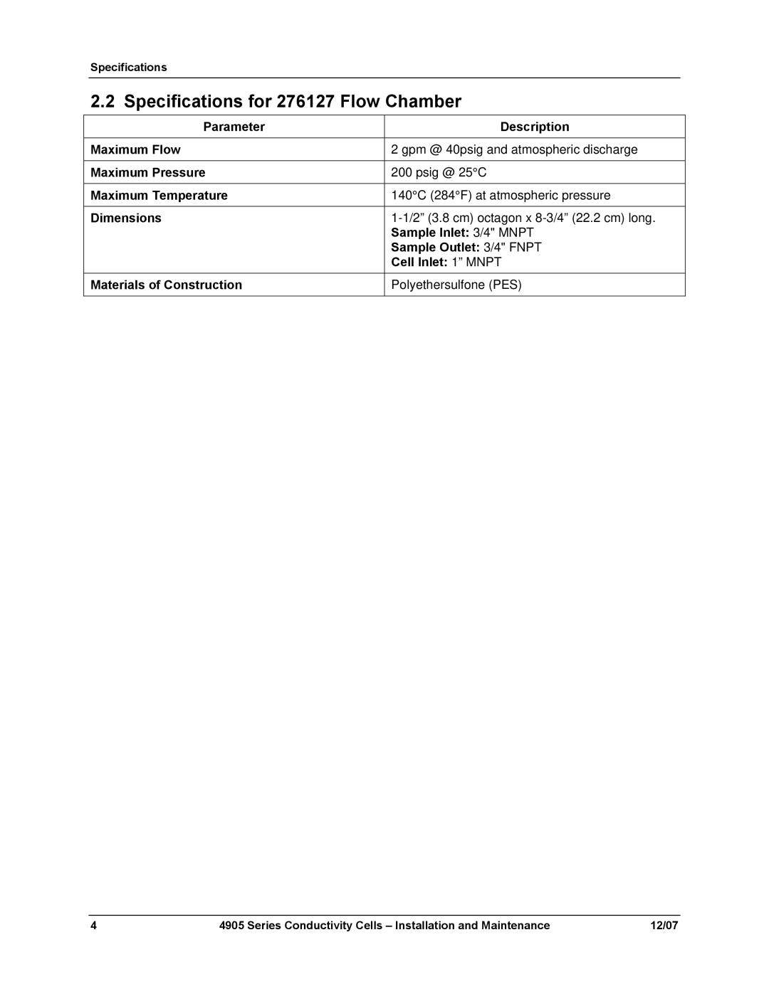 Honeywell 70-82-25-18 manual Specifications for 276127 Flow Chamber 