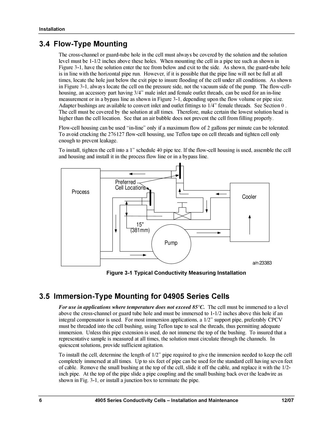 Honeywell 70-82-25-18 manual Flow-Type Mounting, Immersion-Type Mounting for 04905 Series Cells 