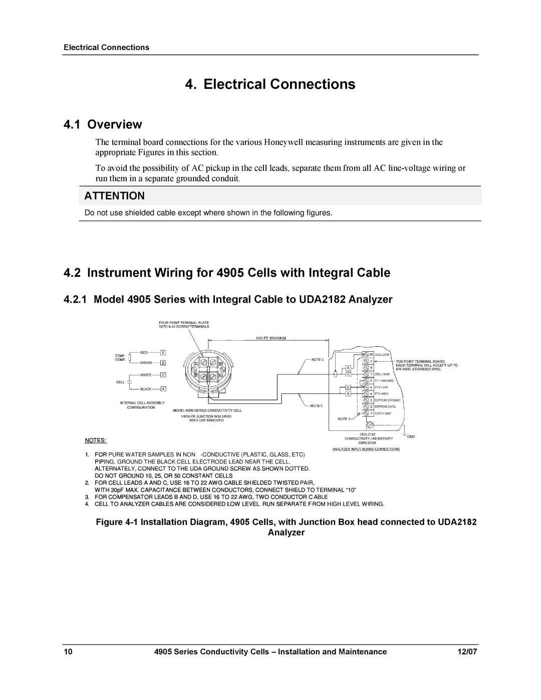 Honeywell 70-82-25-18 manual Electrical Connections, Instrument Wiring for 4905 Cells with Integral Cable 