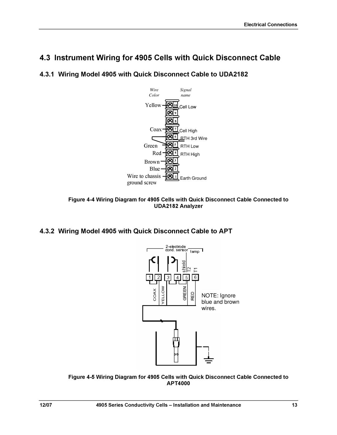 Honeywell 70-82-25-18 manual Instrument Wiring for 4905 Cells with Quick Disconnect Cable 