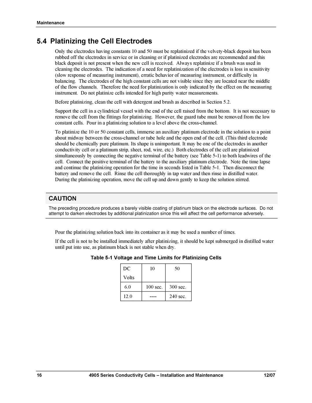 Honeywell 70-82-25-18 manual Platinizing the Cell Electrodes, Voltage and Time Limits for Platinizing Cells 