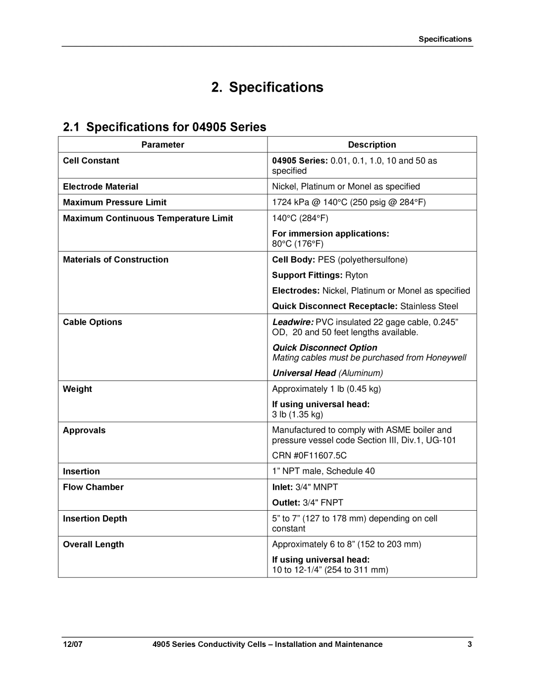 Honeywell 70-82-25-18 manual Specifications for 04905 Series 