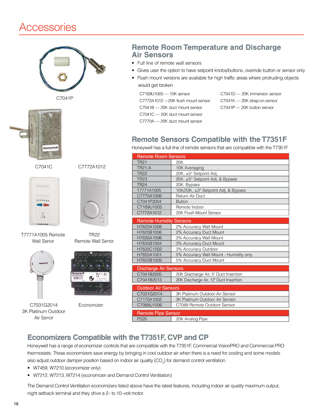 Honeywell Accessories, Remote Room Temperature and Discharge Air Sensors, Remote Sensors Compatible with the T7351F 