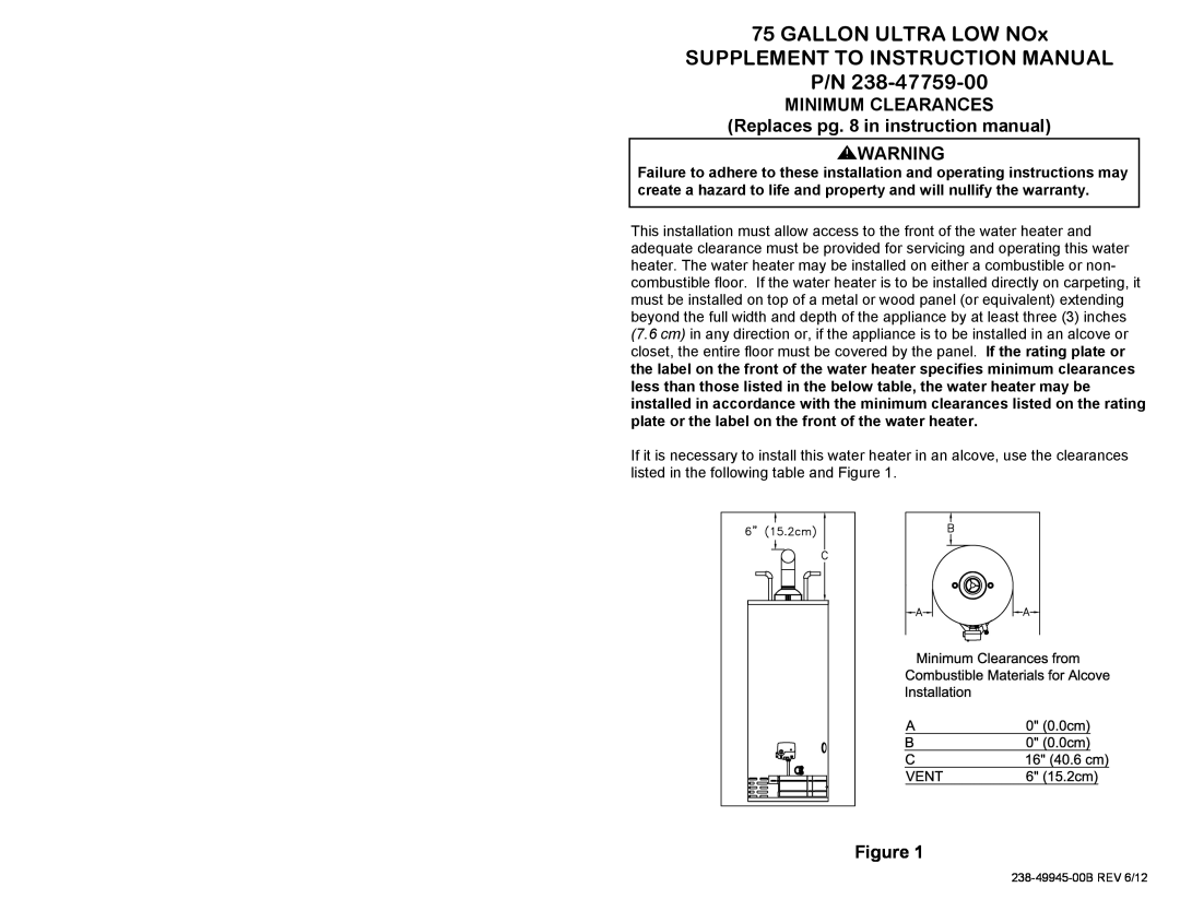 Honeywell 238-47759-00, 75 GALLON ULTRA LOW NOx instruction manual Minimum Clearances 