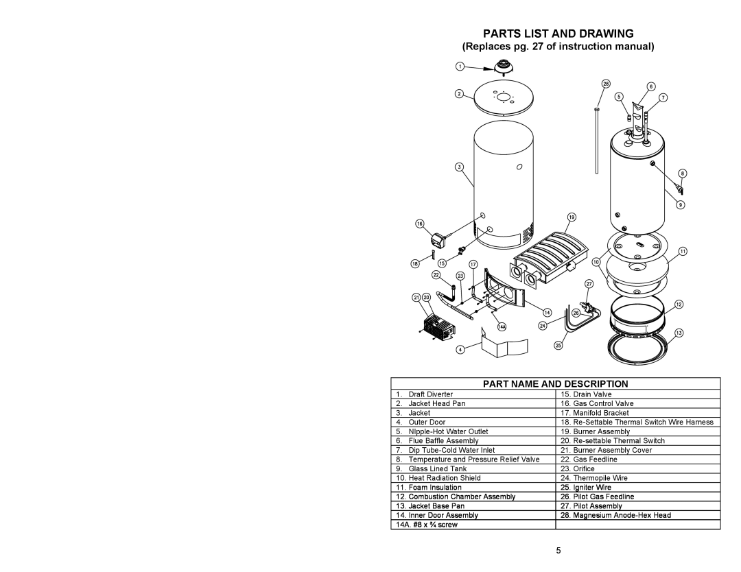 Honeywell 238-47759-00, 75 GALLON ULTRA LOW NOx instruction manual Parts List And Drawing, Part Name And Description 