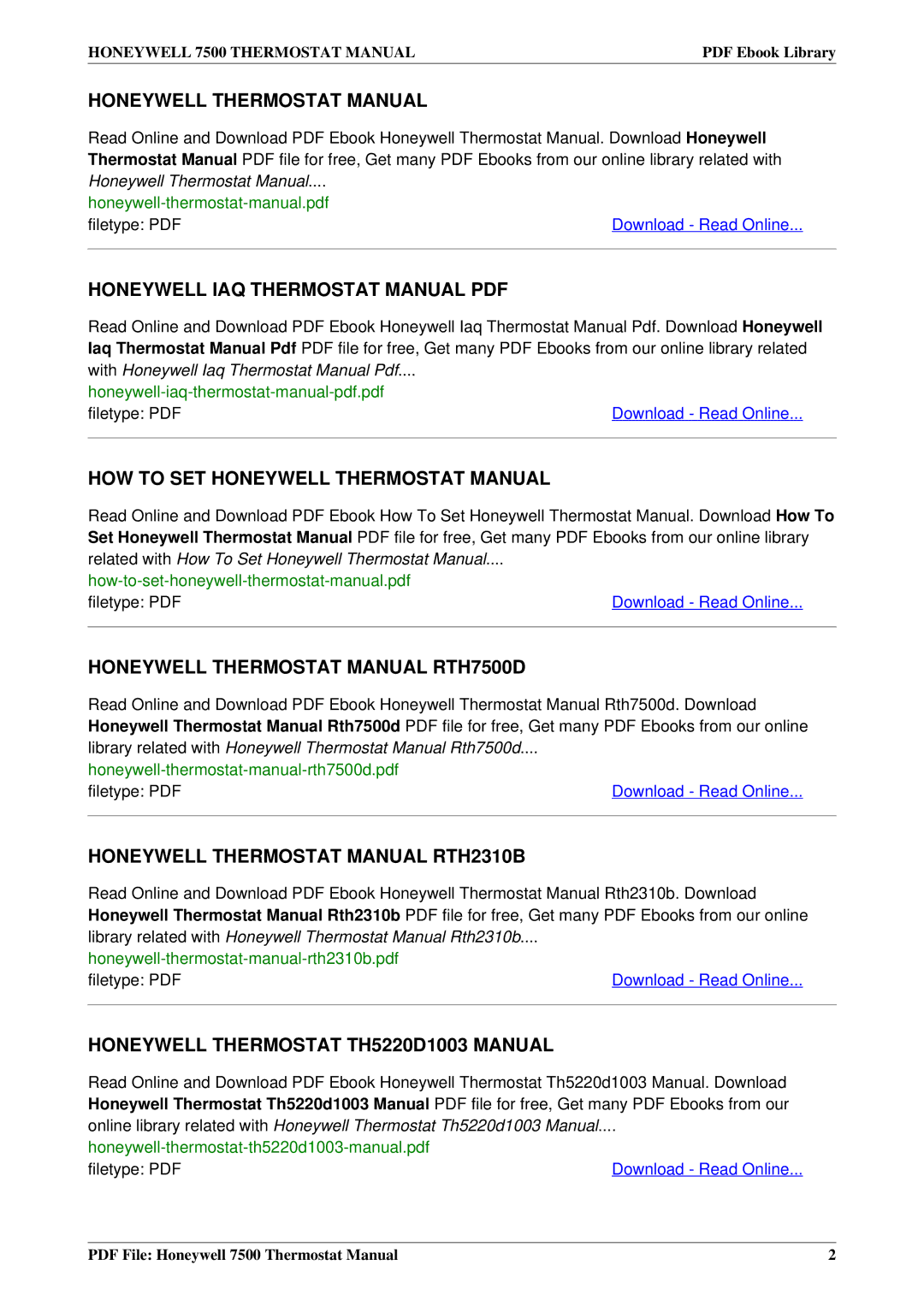 Honeywell 7500 manual Honeywell Thermostat Manual 