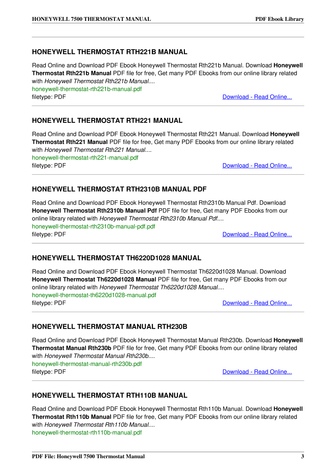 Honeywell 7500 manual Honeywell Thermostat RTH221B Manual 
