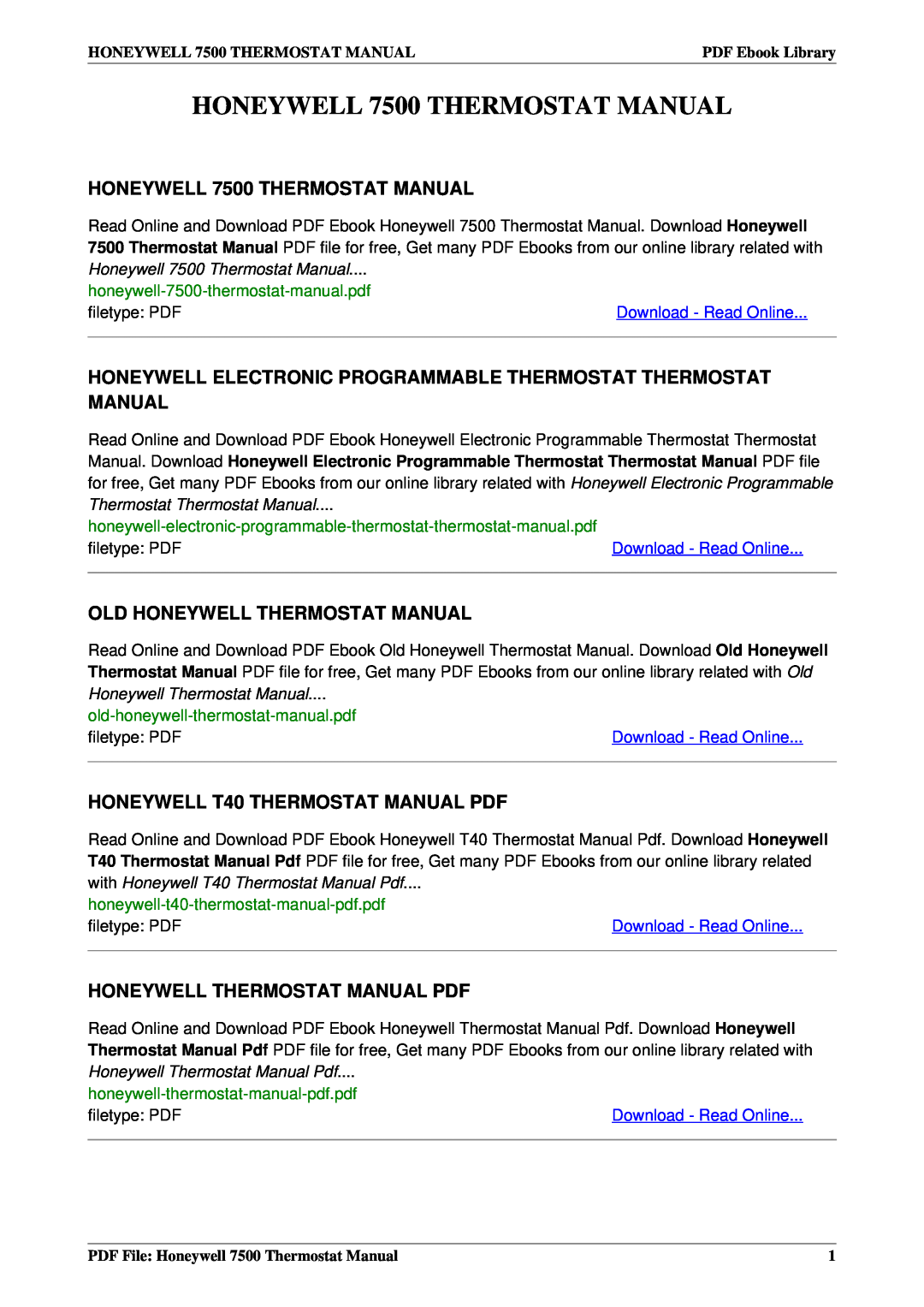 Honeywell manual HONEYWELL 7500 THERMOSTAT MANUAL, Honeywell Electronic Programmable Thermostat Thermostat Manual 