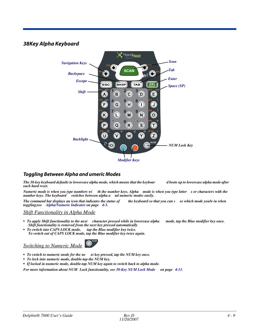 Honeywell 7600 manual Key Alpha Keyboard, Shift Functionality in Alpha Mode 