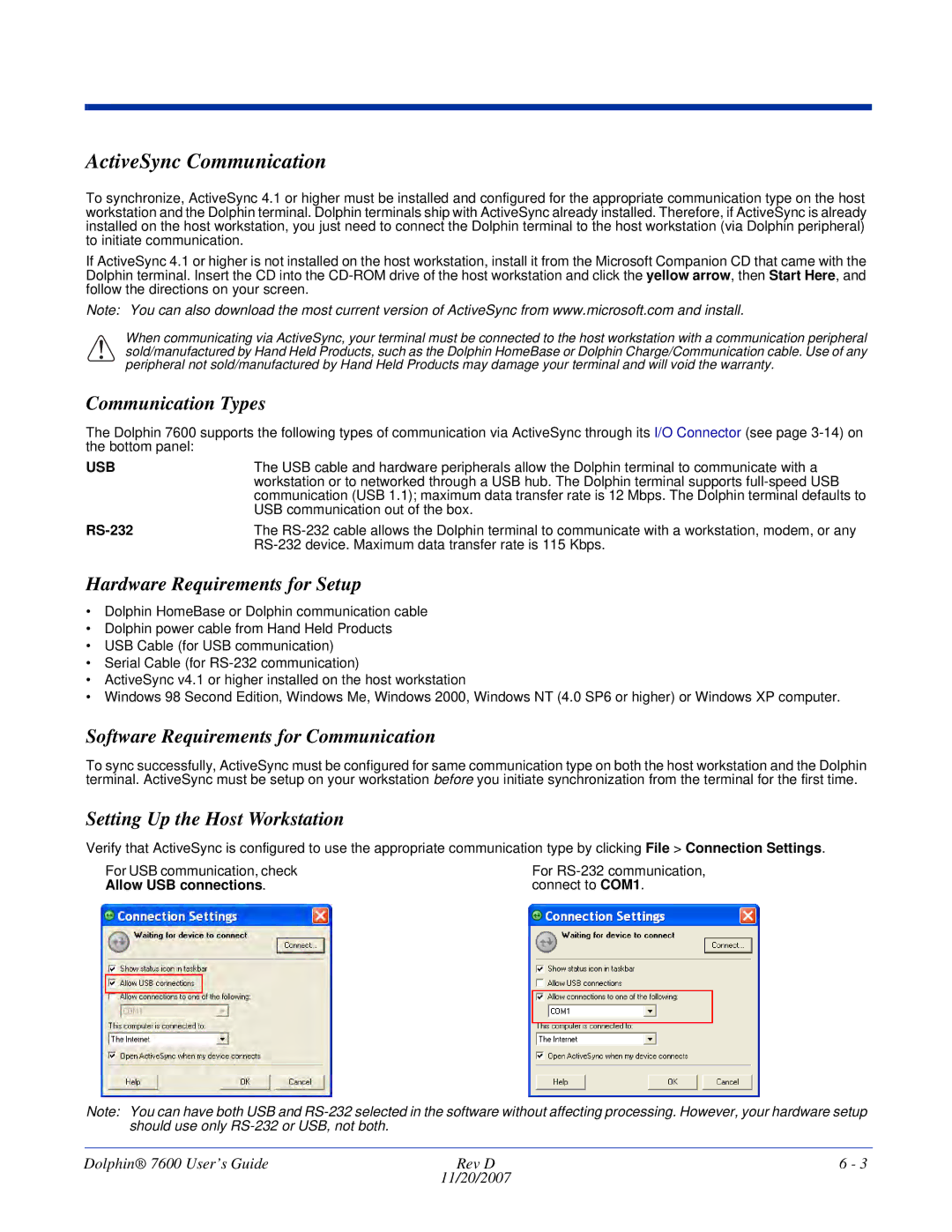 Honeywell 7600 manual ActiveSync Communication, Communication Types, Hardware Requirements for Setup 