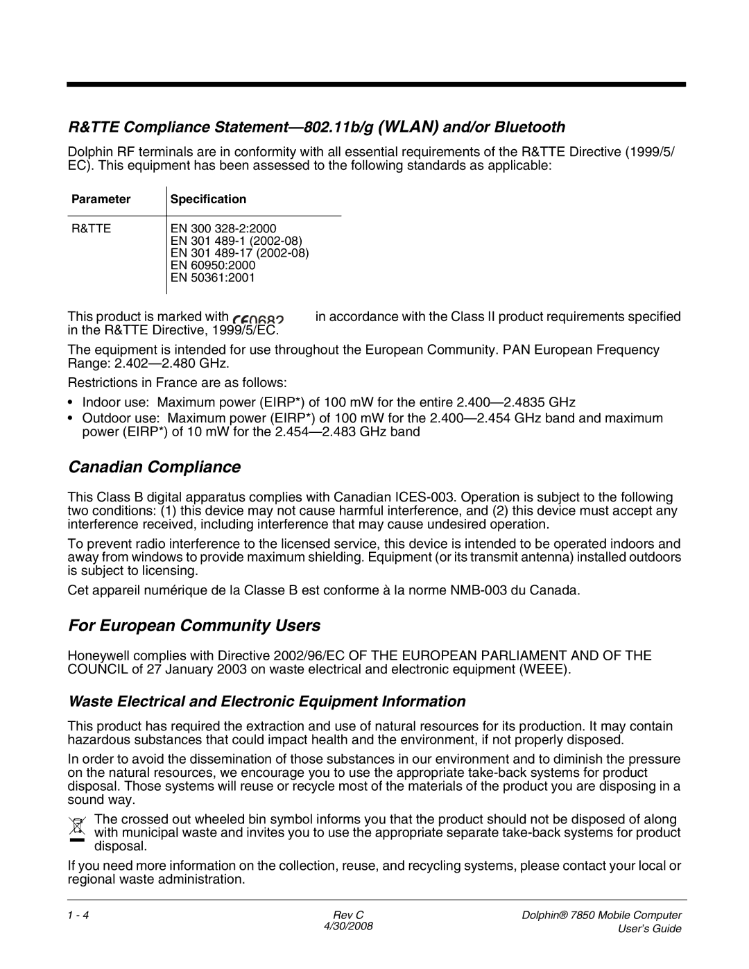 Honeywell 7850 Canadian Compliance, For European Community Users, TTE Compliance Statement-802.11b/g Wlan and/or Bluetooth 